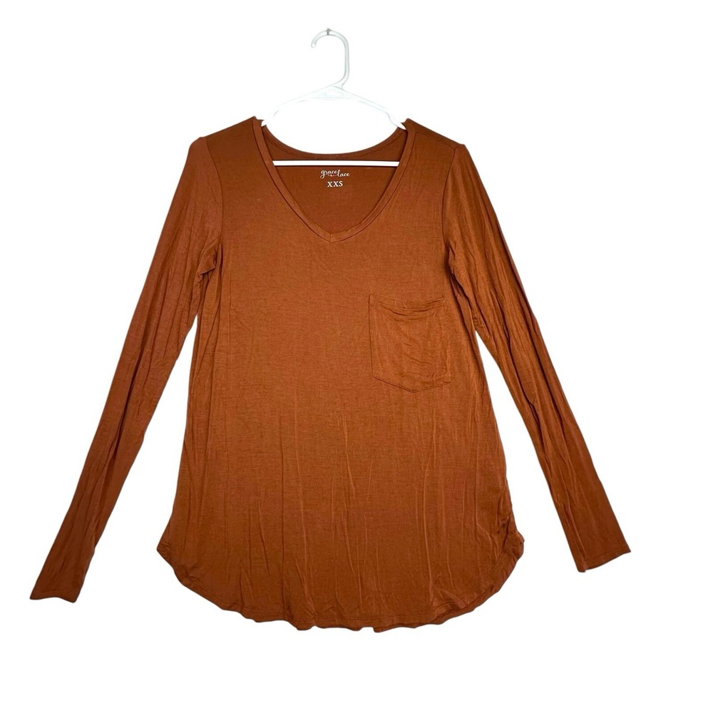 Grace & Lace‎ Long Sleeve Perfect Pocket Tee Rust Orange Size XXS